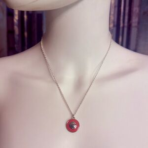 Coach Pink Enamel Button Pendant .925 Sterling Silver Necklace